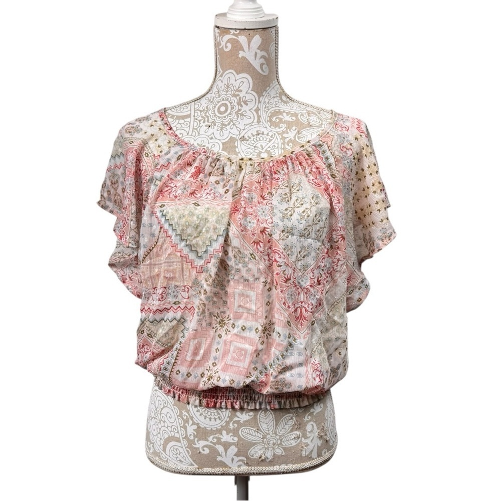 Blue B. Size Large Cottage Fairy Angel Wing Sleeve Semi Sheer Bouse Top Floral